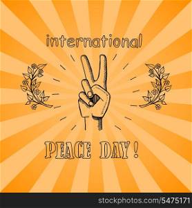 International Peace Day Poster 21 September 2017. International peace day poster on 21 September 2017 vector. Hand nonverbal sign with two fingers meaning freedom with two branches on autumn landscape