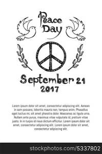 International Peace Day Poster Hippie Sign Icon. International peace day logo with hippie sign with two doves and olive branch symbols hand drawn vector illustration poster with text