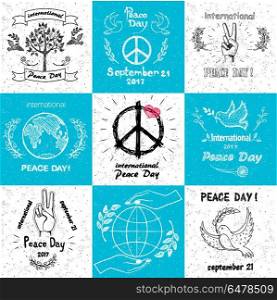 International peace day september 21 set of vector illustrations with doves, tree, hand gesturing peaceful sign, hands caring earth vector illustrations. International Peace Day september 21 Set of Vector. International Peace Day september 21 Set of Vector