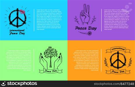 International Peace Day Vector Illustration 4 Pics. International peace day, four pictures with holidays symbols which are pacific, hands and gesture, olive branch and text forms vector illustration