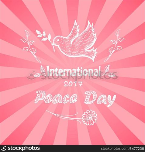International Peace Day Vector Illustration Logo. International 2017 peace day vector with dove holding twig in beak. Pigeon with branches as symbol of harmony and love isolated on background with pink rays