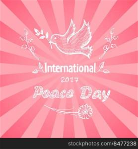 International Peace Day Vector Illustration Logo. International 2017 peace day vector with dove holding twig in beak. Pigeon with branches as symbol of harmony and love isolated on background with pink rays