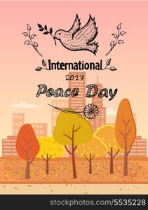 International Peace Day Vector Illustration Logo. International peace day vector illustration with dove holding twig in beak. Pigeon with branch as symbol of harmony and love autumn city landscape