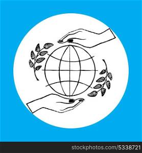 International Peace Day Vector Illustration on Blue. International peace day poster with two hands protecting globe vector illustration isolated on white with olive branches in circle on blue background