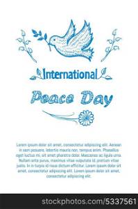International Peace Day Vector Illustration Poster. International peace day vector illustration with dove holds twig in beak with text. Pigeon with branch as symbol of harmony and love isolated on white