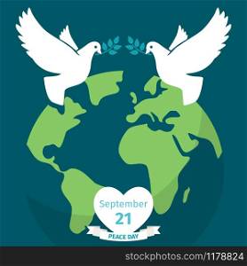 International Peace Day vector poster background with pigeons and planet. International Peace Day poster