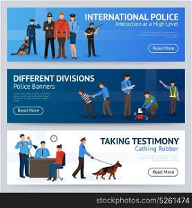 International Police Service Flat Banners Set . International police force cooperation internet site 3 flat banners set design with trained dog isolated vector illustration