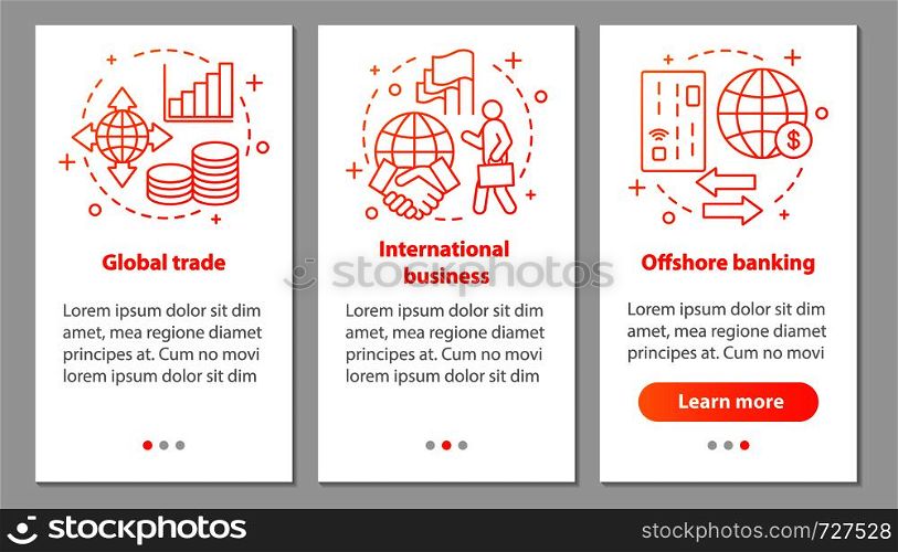 International relations onboarding mobile app page screen with linear concepts. Offshore banking, global trade, international business steps instructions. UX, UI, GUI vector template with illustration. International relations onboarding mobile app page screen with l