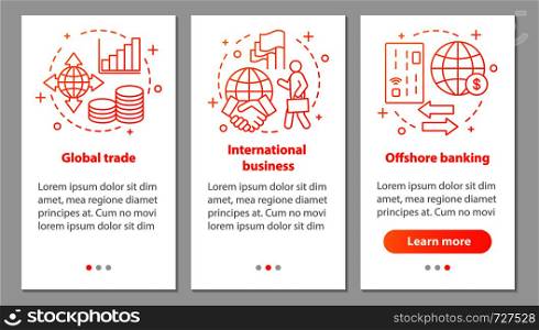 International relations onboarding mobile app page screen with linear concepts. Offshore banking, global trade, international business steps instructions. UX, UI, GUI vector template with illustration. International relations onboarding mobile app page screen with l