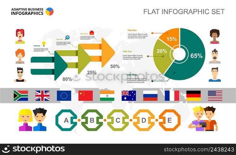 International relations percentage and pie chart template for presentation. Business data visualization. Communication, research or statistics creative concept for infographic, report layout.
