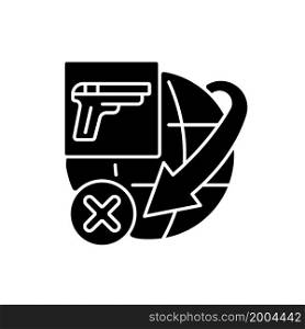 International restriction on firearms shipping black glyph icon. Ammunition transportation worldwide rules. Safety cargo delivery. Silhouette symbol on white space. Vector isolated illustration. International restriction on firearms shipping black glyph icon