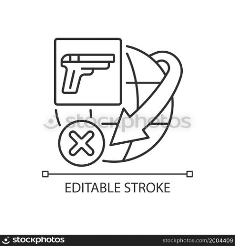 International restriction on firearms shipping linear icon. Ammunition transportation rules. Thin line customizable illustration. Contour symbol. Vector isolated outline drawing. Editable stroke. International restriction on firearms shipping linear icon