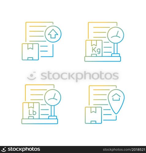 International shipment documents gradient linear vector icons set. Packing list, origin certificate and export license. Thin line contour symbols bundle. Isolated outline illustrations collection. International shipment documents gradient linear vector icons set