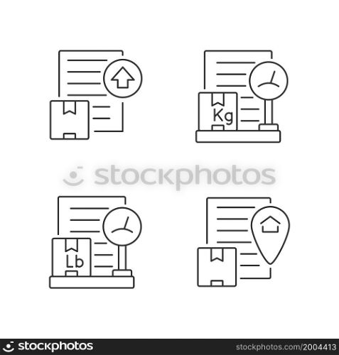 International shipment documents linear icons set. Business papers. Packing list, origin certificate and export license. Customizable thin line contour symbols. Isolated vector outline illustrations. International shipment documents linear icons set