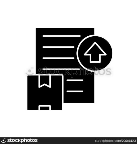 International shipment export license black glyph icon. Global trade important document. Delivering worldwide goods guarantee. Silhouette symbol on white space. Vector isolated illustration. International shipment export license black glyph icon