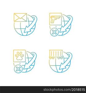 International shipment service rules gradient linear vector icons set. Global mail and container freights delivery. Thin line contour symbols bundle. Isolated outline illustrations collection. International shipment service rules gradient linear vector icons set