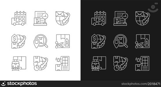 International shipment service rules linear icons set for dark and light mode. Global mail and container freights delivery. Customizable thin line symbols. Isolated vector outline illustrations. International shipment service rules linear icons set for dark and light mode