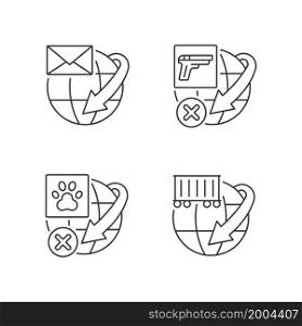 International shipment service rules linear icons set. Global mail and container freights delivery. Shipping restrictions. Customizable thin line contour symbols. Isolated vector outline illustrations. International shipment service rules linear icons set