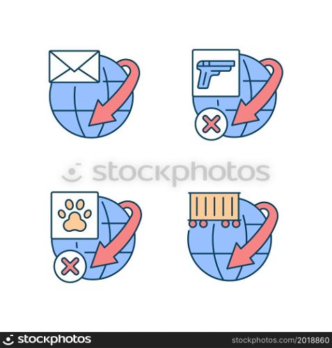 International shipment service rules RGB color icons set. Global mail and container freights delivery. Shipping restrictions. Isolated vector illustrations. Simple filled line drawings collection. International shipment service rules RGB color icons set