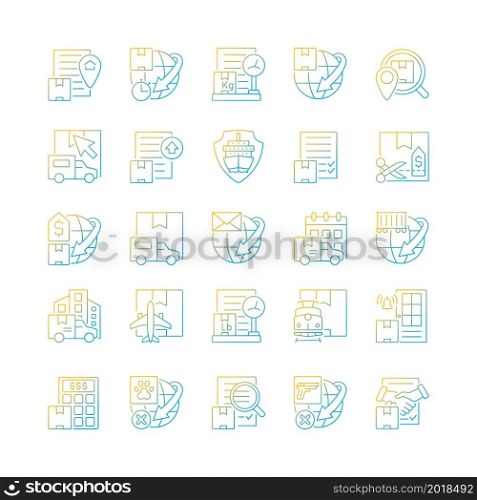 International shipping business gradient linear vector icons set. Worldwide delivering of cargoes, parcels and mail. Thin line contour symbols bundle. Isolated outline illustrations collection. International shipping business gradient linear vector icons set