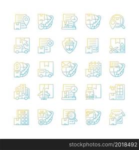 International shipping business gradient linear vector icons set. Worldwide delivering of cargoes, parcels and mail. Thin line contour symbols bundle. Isolated outline illustrations collection. International shipping business gradient linear vector icons set