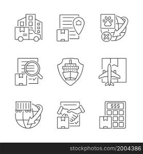 International shipping business linear icons set. Worldwide delivering of cargoes, parcels and mail. Customizable thin line contour symbols. Isolated vector outline illustrations. Editable stroke. International shipping business linear icons set