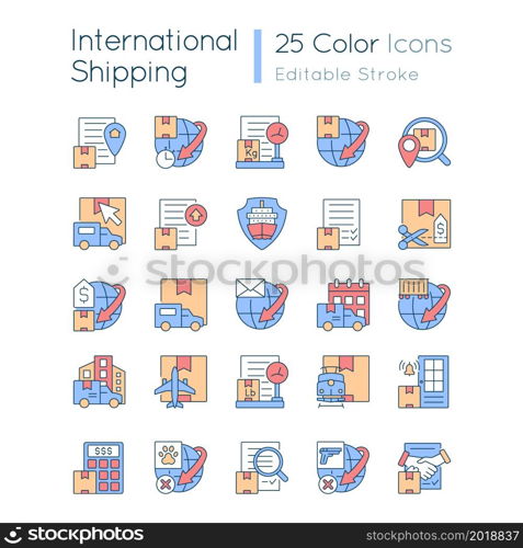 International shipping business RGB color icons set. Worldwide delivering of cargoes, parcels and mail. Isolated vector illustrations. Simple filled line drawings collection. Editable stroke. International shipping business RGB color icons set