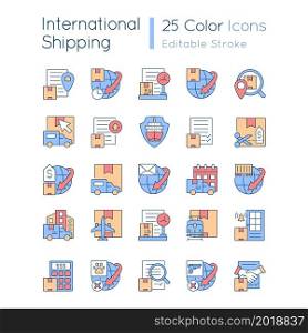 International shipping business RGB color icons set. Worldwide delivering of cargoes, parcels and mail. Isolated vector illustrations. Simple filled line drawings collection. Editable stroke. International shipping business RGB color icons set