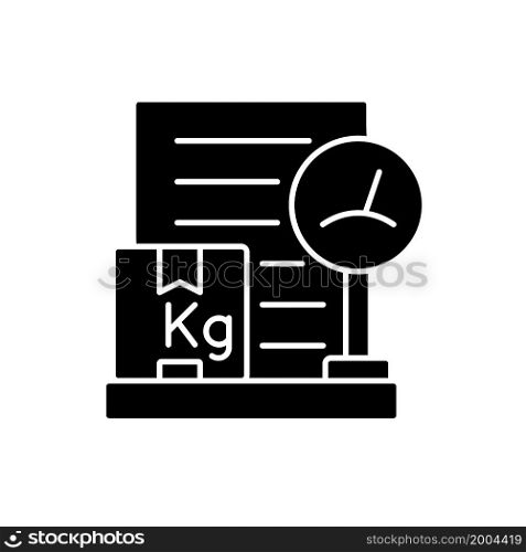 International shipping packing list kg black glyph icon. Document of cargo weight. Delivery business information paper. Silhouette symbol on white space. Vector isolated illustration. International shipping packing list kg black glyph icon