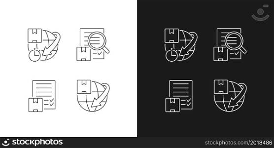International shipping transport linear icons set for dark and light mode. Delivery online request. Technology of cargo shipping. Customizable thin line symbols. Isolated vector outline illustrations. International shipping transport linear icons set for dark and light mode