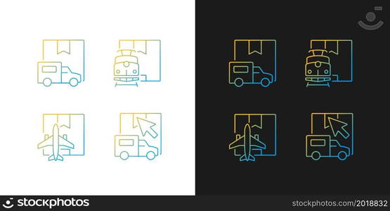 International shipping types gradient icons set for dark and light mode. Delivery online request. Thin line contour symbols bundle. Isolated vector outline illustrations collection on black and white. International shipping types gradient icons set for dark and light mode