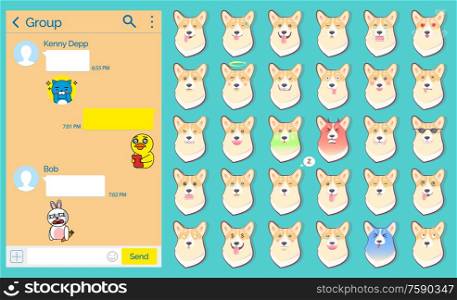 International social network vector, messanger chatting page with stickers. Emoticons of dog, emotional doggy with angry, sad and happy faces set. Messenger Dog Stickers Emoticons Set, Web Page