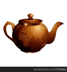 International Tea Day. Agricultural holiday concept. Copper retro teapot. Continents silhouettes. International Tea Day. Agricultural holiday concept. Copper retro teapot. Continents silhouettes.