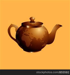 International Tea Day. Agricultural holiday concept. Copper retro teapot. Continents silhouettes. International Tea Day. Agricultural holiday concept. Copper retro teapot. Continents silhouettes.