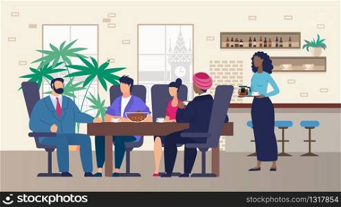International Team Having Business Lunch on Meet. Multiracial People Sitting at Table in Cafe Drink Coffee or Tea, Talk, Discuss Important Topics. Waitress Serving Group. Vector Cartoon Illustration. International Team Having Business Lunch on Meet