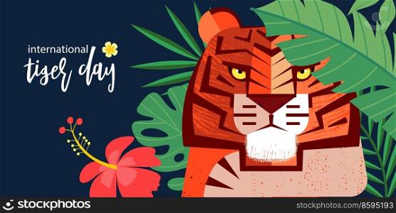 International Tiger Day. Day of protection of the endangered tiger. A wild tiger among tropical foliage. Vector illustration.. International Tiger Day. Vector illustration.