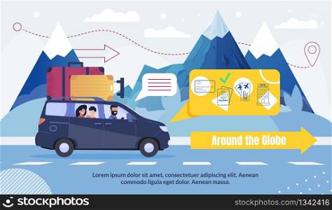 International Tourism and Travel Around Globe Advertising Poster. Holiday Vacation Global Travelling. Road Trip by Car, Airplane. Flat Mountains Landscape. Man Woman Driving Auto. Vector Illustration. Tourism and Travel Around Globe Advertising Poster