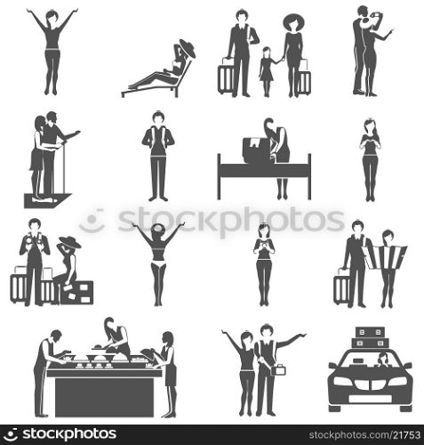 International tourism travelling black icons set. Travelling families and friends black icons set arriving with luggage in hotel tourists abstract isolated vector illustration