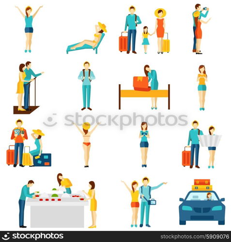 International tourism travelling flat icons set. International vacation travelling flat icons set with taxi sightseeing and selfie making tourists abstract isolated vector illustration