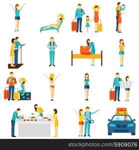 International tourism travelling flat icons set. International vacation travelling flat icons set with taxi sightseeing and selfie making tourists abstract isolated vector illustration