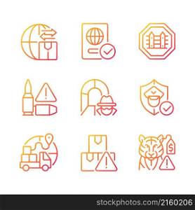 International trading gradient linear vector icons set. Customs officer. Smuggling tunnel. Border security. Thin line contour symbols bundle. Isolated outline illustrations collection. International trading gradient linear vector icons set