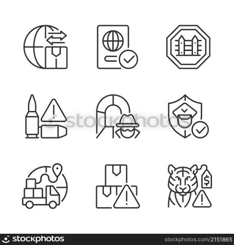 International trading linear icons set. Customs officer. Smuggling tunnel. Customizable thin line contour symbols. Isolated vector outline illustrations. Editable stroke. Pixel perfect. International trading linear icons set