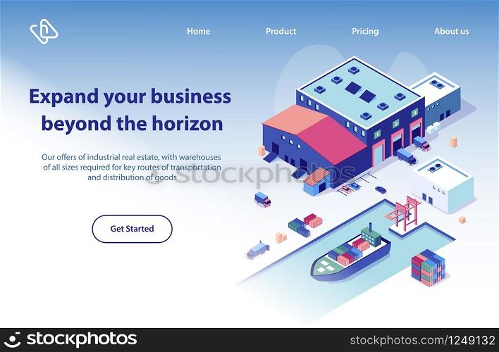 International Transport Company Isometric Vector Web Banner. Cargo Trucks near Warehouse Building, Container Ship in Port Illustration. Global Postal, Word Wide Delivery Service Landing Page Template