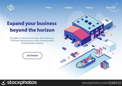 International Transport Company Isometric Vector Web Banner. Cargo Trucks near Warehouse Building, Container Ship in Port Illustration. Global Postal, Word Wide Delivery Service Landing Page Template