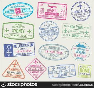 International travel visa passport stamps vector set. International travel visa passport stamps vector set. Paris and toronto, hong kong and port of amsterdam illustration