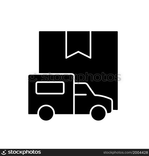 International truckload shipping client service black glyph icon. Delivering cargoes and parcels by trucks. Transport company. Silhouette symbol on white space. Vector isolated illustration. International truckload shipping client service black glyph icon