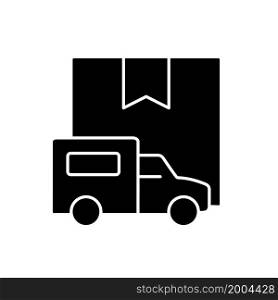 International truckload shipping client service black glyph icon. Delivering cargoes and parcels by trucks. Transport company. Silhouette symbol on white space. Vector isolated illustration. International truckload shipping client service black glyph icon