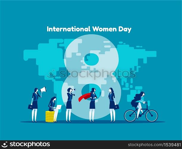 International women day. Concept 8 March vector illustration, Tex with office girls in flat style design, Template & banner, Card & poster.