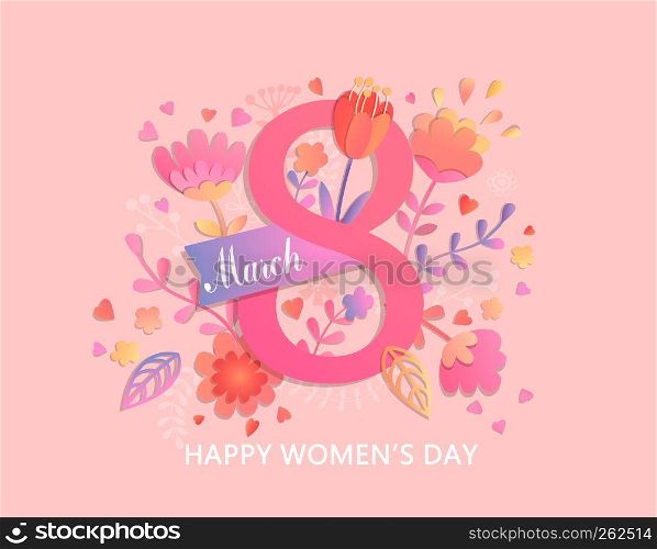 International Women's Day. Banner, flyer for March 8 decorating by paper flowers and ribbon. Congratulating and wishing happy holiday card for newsletter, brochures, postcards. Vector illustration.. International Women's Day card.