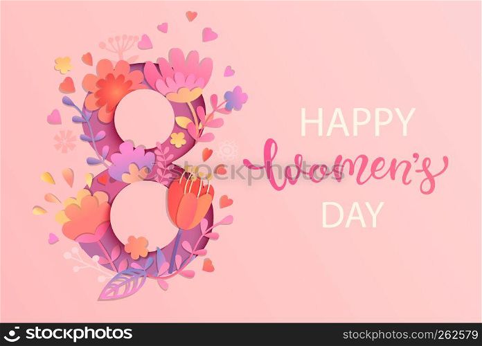 International Women's Day. Banner, flyer for March 8 decorating by paper flowers and hand drawn lettering. Congratulating and wishing happy holiday card for newsletter, brochures, postcards. Vector.. International Women's Day.